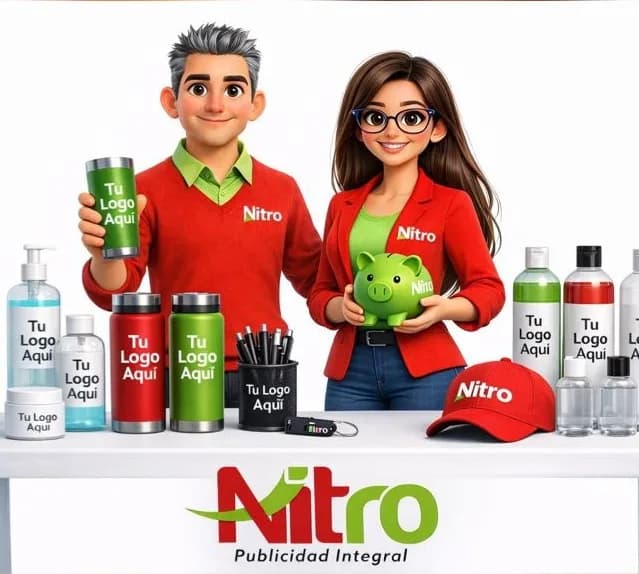 Equipo Nitro Publicidad — personalización de artículos promocionales, envases, termos y gorras con el logo de tu marca
